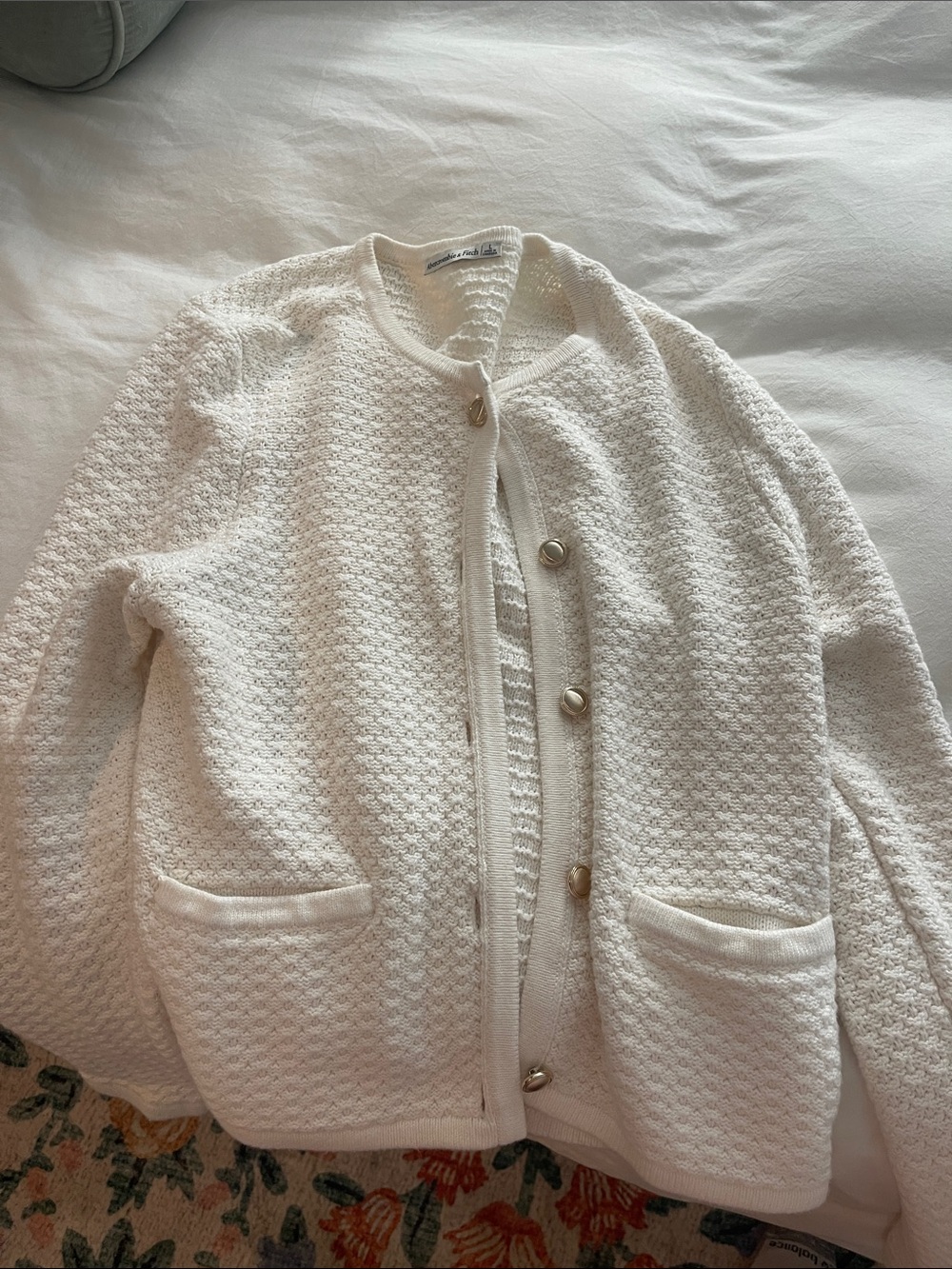 Abercrombie & Fitch White Textured Knit Button Cardigan